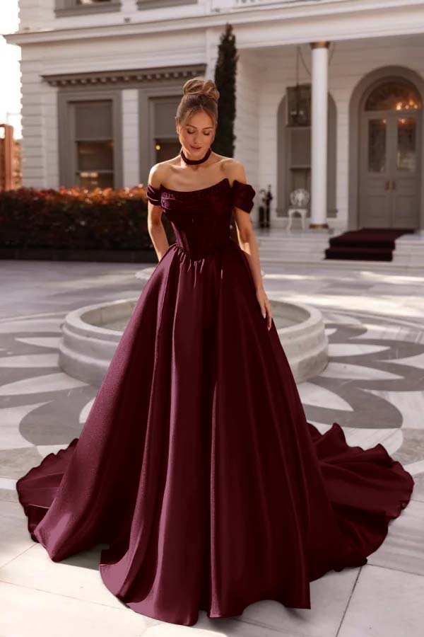 A Line Cap Sleeve Prom Dress Off the Shoulder Satin Formal Dress