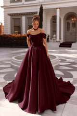 A Line Cap Sleeve Prom Dress Off the Shoulder Satin Formal Dress
