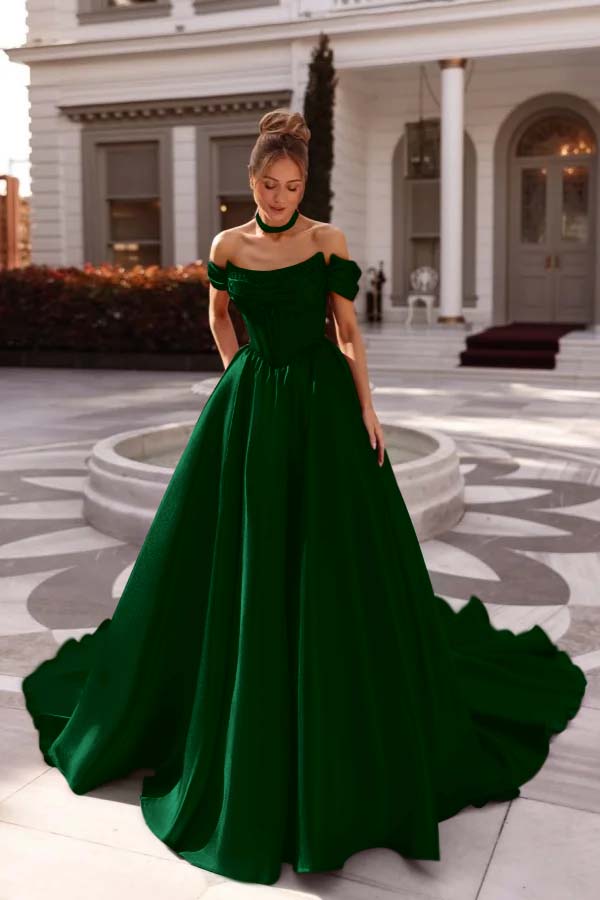 A Line Cap Sleeve Prom Dress Off the Shoulder Satin Formal Dress