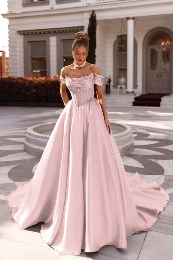 A Line Cap Sleeve Prom Dress Off the Shoulder Satin Formal Dress