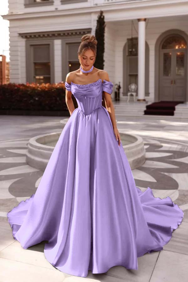 A Line Cap Sleeve Prom Dress Off the Shoulder Satin Formal Dress