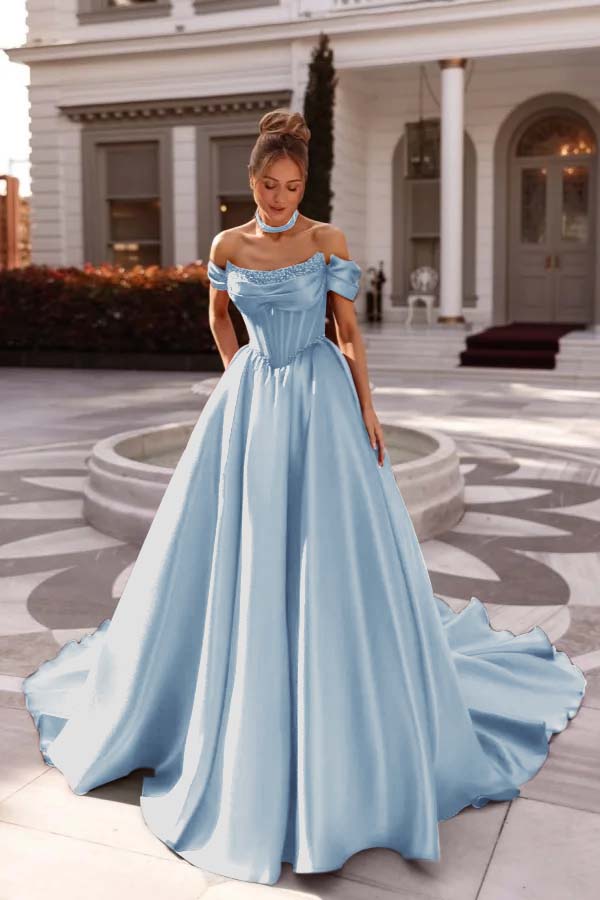 A Line Cap Sleeve Prom Dress Off the Shoulder Satin Formal Dress