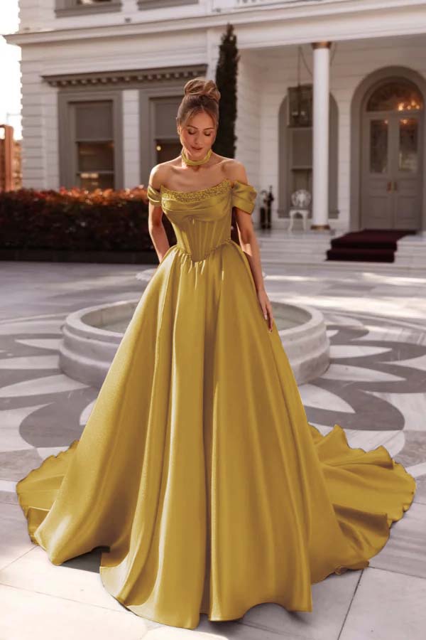 A Line Cap Sleeve Prom Dress Off the Shoulder Satin Formal Dress