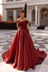 A Line Cap Sleeve Prom Dress Off the Shoulder Satin Formal Dress