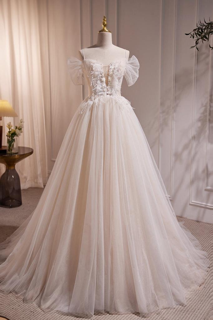 A Line Champagne Prom Dress Lace Long Formal Evening Dress