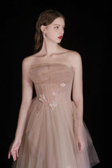 A Line Champagne Prom Dress Tulle Beaded Long Formal Dress Evening Dress