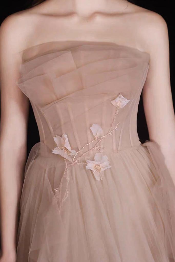 A Line Champagne Prom Dress Tulle Beaded Long Formal Dress Evening Dress