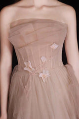 A Line Champagne Prom Dress Tulle Beaded Long Formal Dress Evening Dress