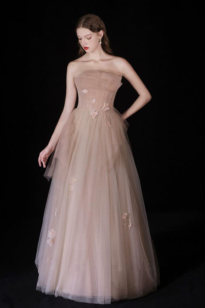 A Line Champagne Prom Dress Tulle Beaded Long Formal Dress Evening Dress