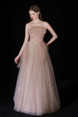 A Line Champagne Prom Dress Tulle Beaded Long Formal Dress Evening Dress