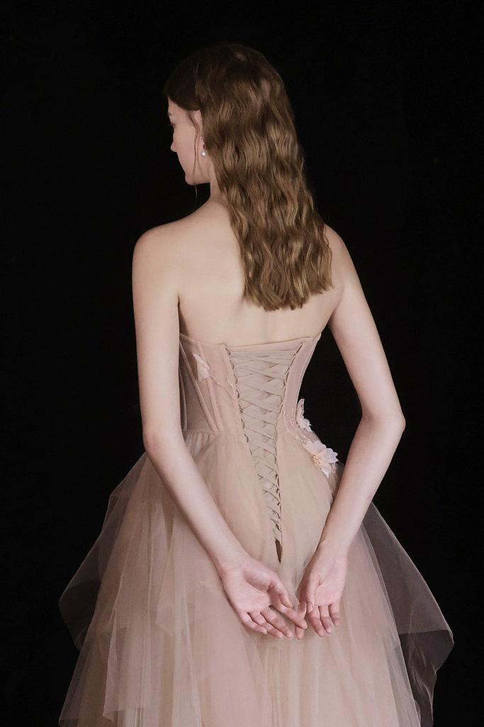 A Line Champagne Prom Dress Tulle Beaded Long Formal Dress Evening Dress