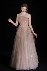 A Line Champagne Prom Dress Tulle Beaded Long Formal Dress Evening Dress