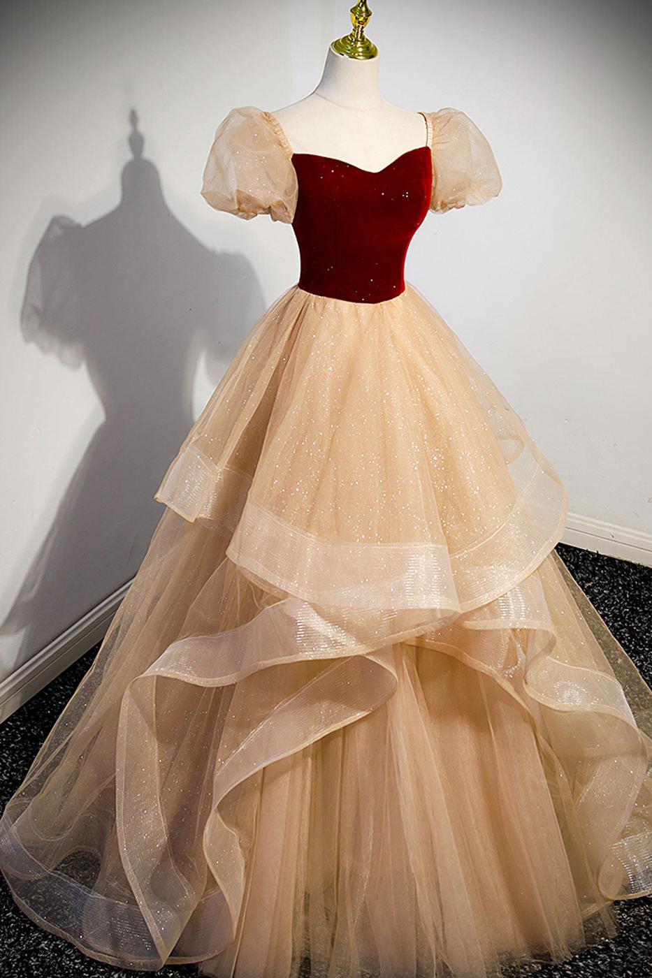 A Line Champagne Velvet Formal Dress Long Tulle Evening Dress
