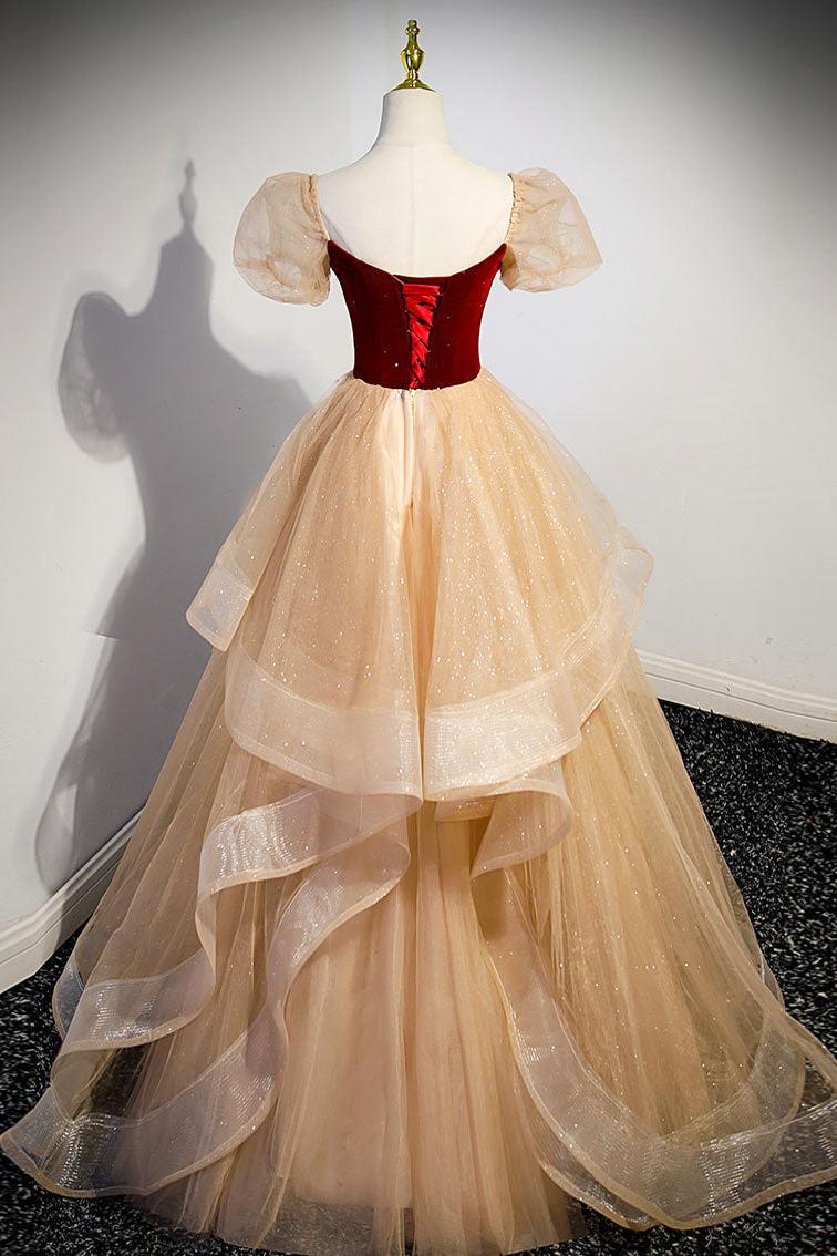 A Line Champagne Velvet Formal Dress Long Tulle Evening Dress