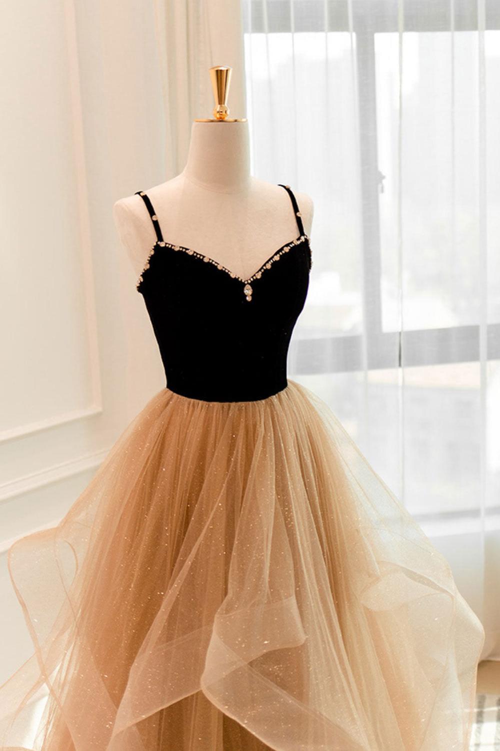 A Line Champagne Velvet Formal Dress Tulle Long Christmas Party Dress A Line Champagne Velvet Formal Dress Tulle Long Christmas Party Dress