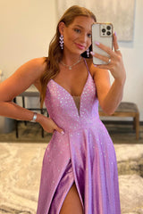A Line Deep V Neck Purple Long Prom Dress with Beadings