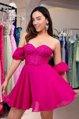 A-Line Fuchsia Homecoming Dress Corset Chiffon Short Prom Dress with Lace