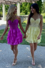 A Line Fuchsia Homecoming Dress Corset Strapless Short Prom Dress with Ruffles