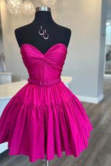 A-Line Fuchsia Homecoming Dress Sweetheart Pleated Short Prom Dress with Belt