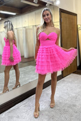 A-Line Fuchsia Homecoming Dresses Strapless Tiered Tulle Short Cocktail Dresses with Keyhole