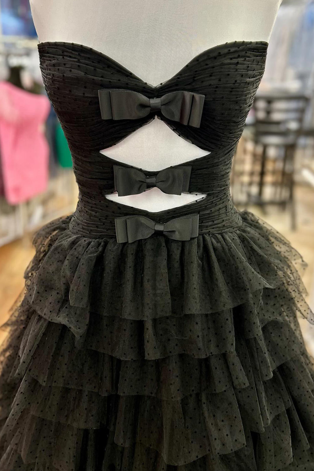 A Line Fuchsia Strapless Tiered Tulle Long Prom Dress with Bow