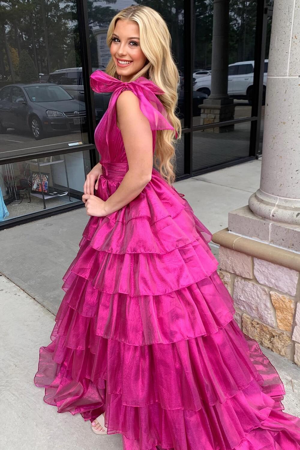 Glitter Hot Pink A Line V Neck Backless Long Tiered Prom Dress with Slit
