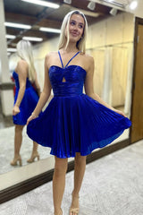 A Line Golden Homecoming Dress Halter Short Prom Dress with Keyhole