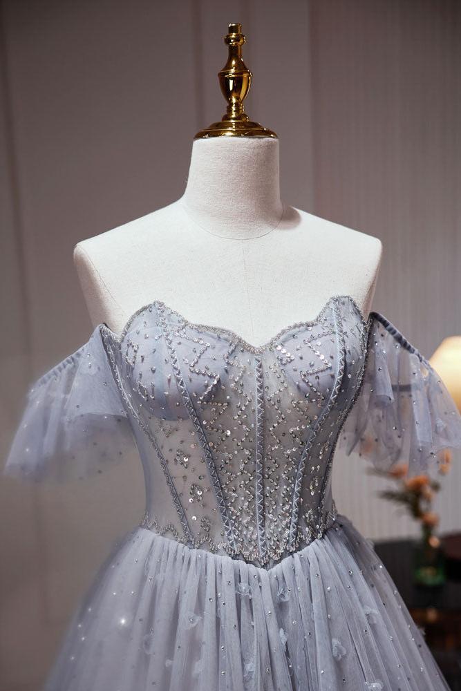 A Line Gray Blue Prom Dress Tulle Sequin Beaded Long Evening Dress