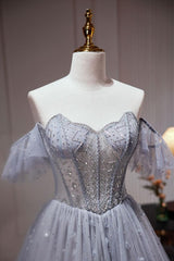 A Line Gray Blue Prom Dress Tulle Sequin Beaded Long Evening Dress