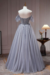 A Line Gray Blue Prom Dress Tulle Sequin Beaded Long Evening Dress
