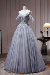 A Line Gray Blue Prom Dress Tulle Sequin Beaded Long Evening Dress