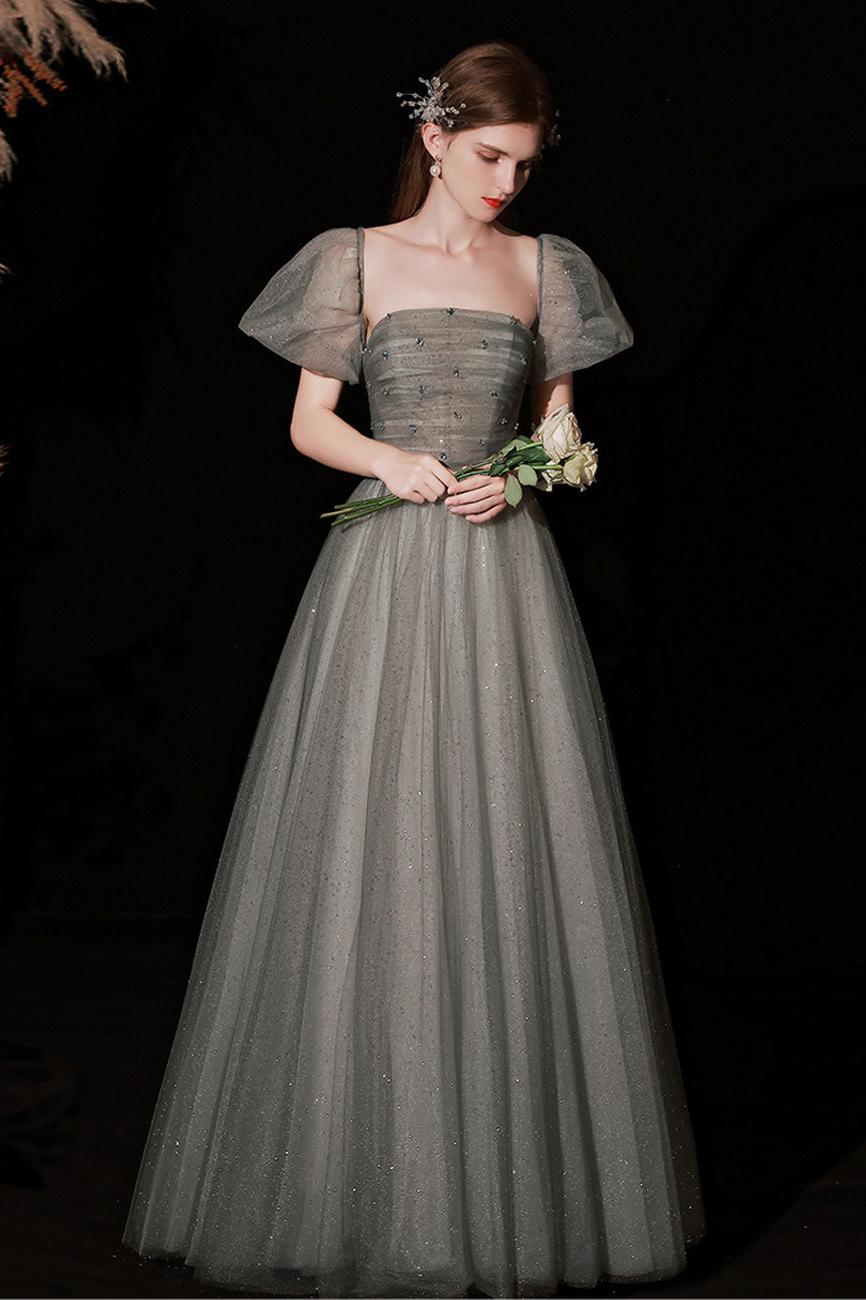 A Line Green Prom Dress Long Tulle Sequin Graduation Dress Evening Dress