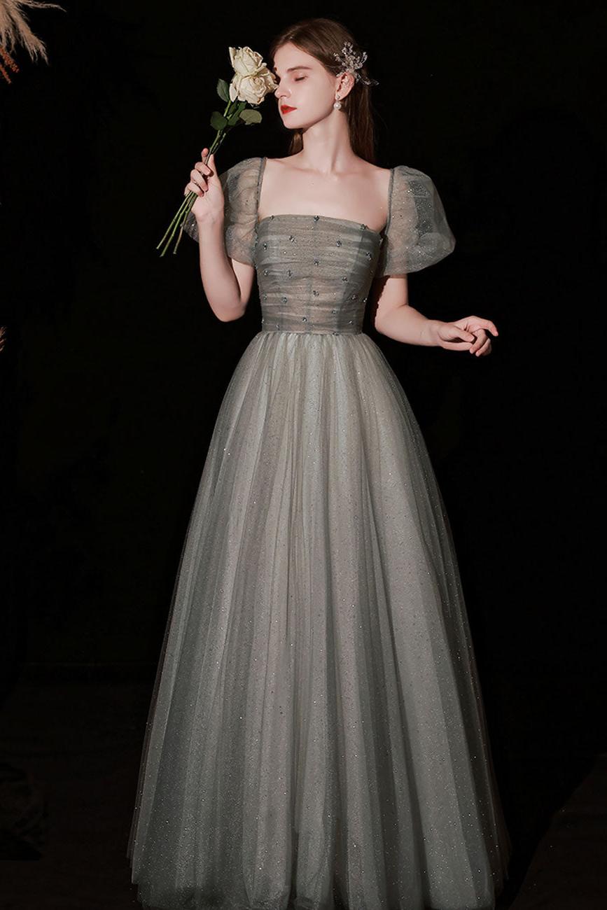 A Line Green Prom Dress Long Tulle Sequin Graduation Dress Evening Dress