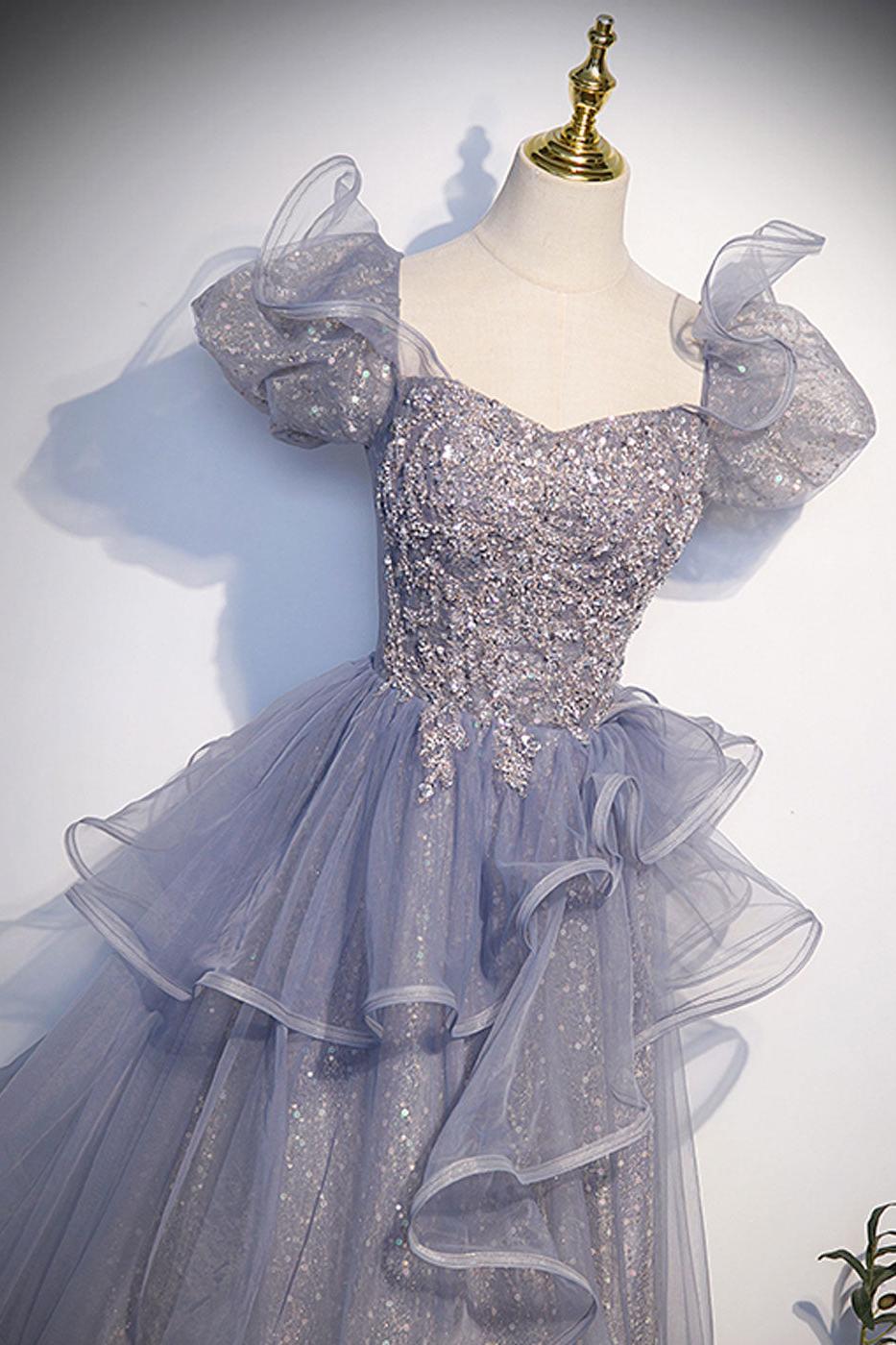 A Line Gray Blue Prom Dress Sequin Long Tulle Formal Evening Dress