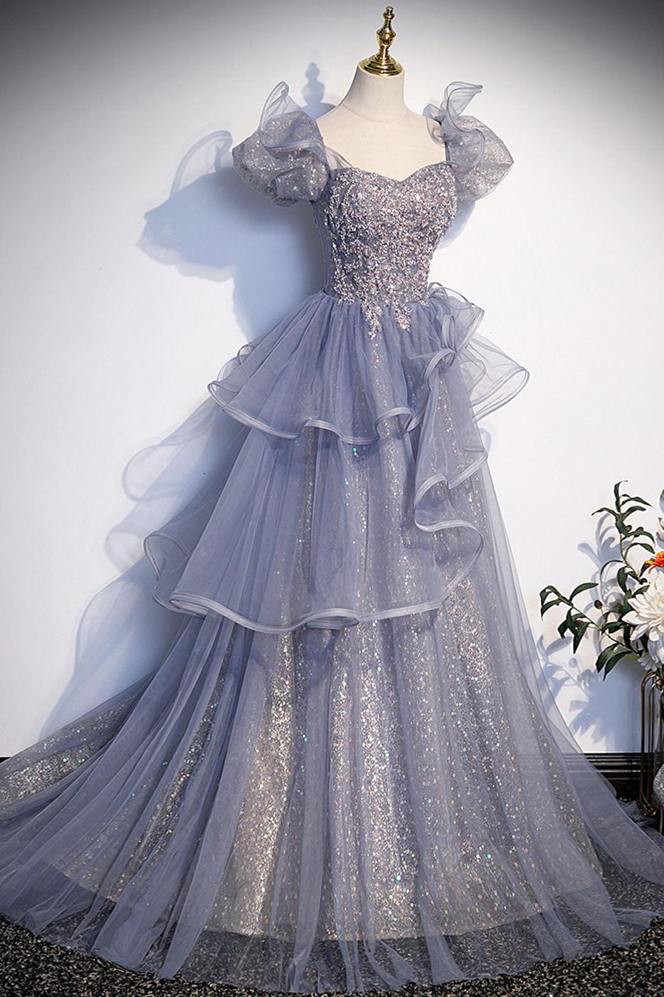 A Line Gray Blue Prom Dress Sequin Long Tulle Formal Evening Dress