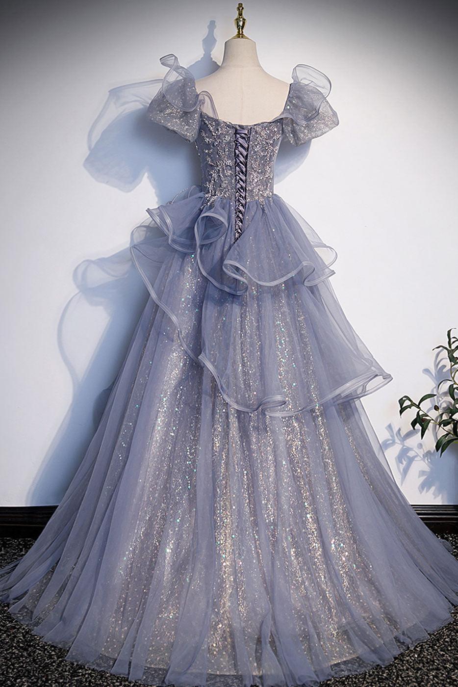 A Line Gray Blue Prom Dress Sequin Long Tulle Formal Evening Dress