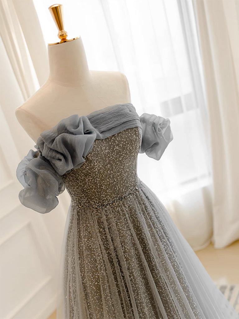 A Line Gray Prom Dress Tulle Sequin Long Formal Dress Evening Dress