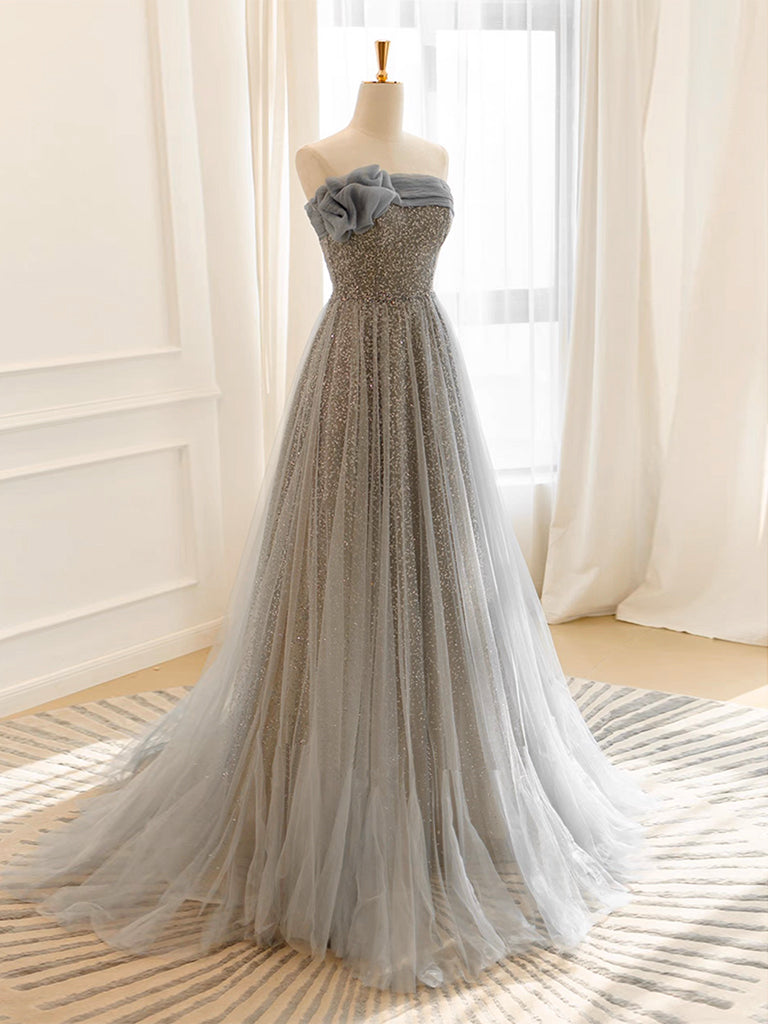 A Line Gray Prom Dress Tulle Sequin Long Formal Dress Evening Dress