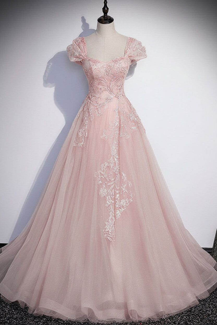 A Line Gray Prom Dress Tulle Sequin Long Formal Evening Dress