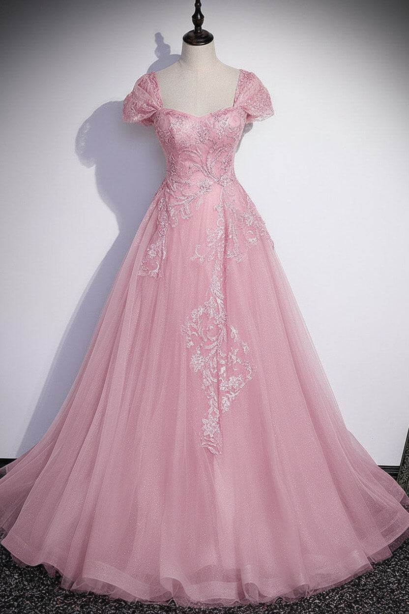 A Line Gray Prom Dress Tulle Sequin Long Formal Evening Dress