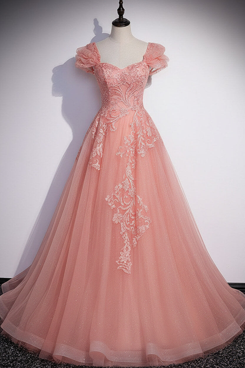 A Line Gray Prom Dress Tulle Sequin Long Formal Evening Dress