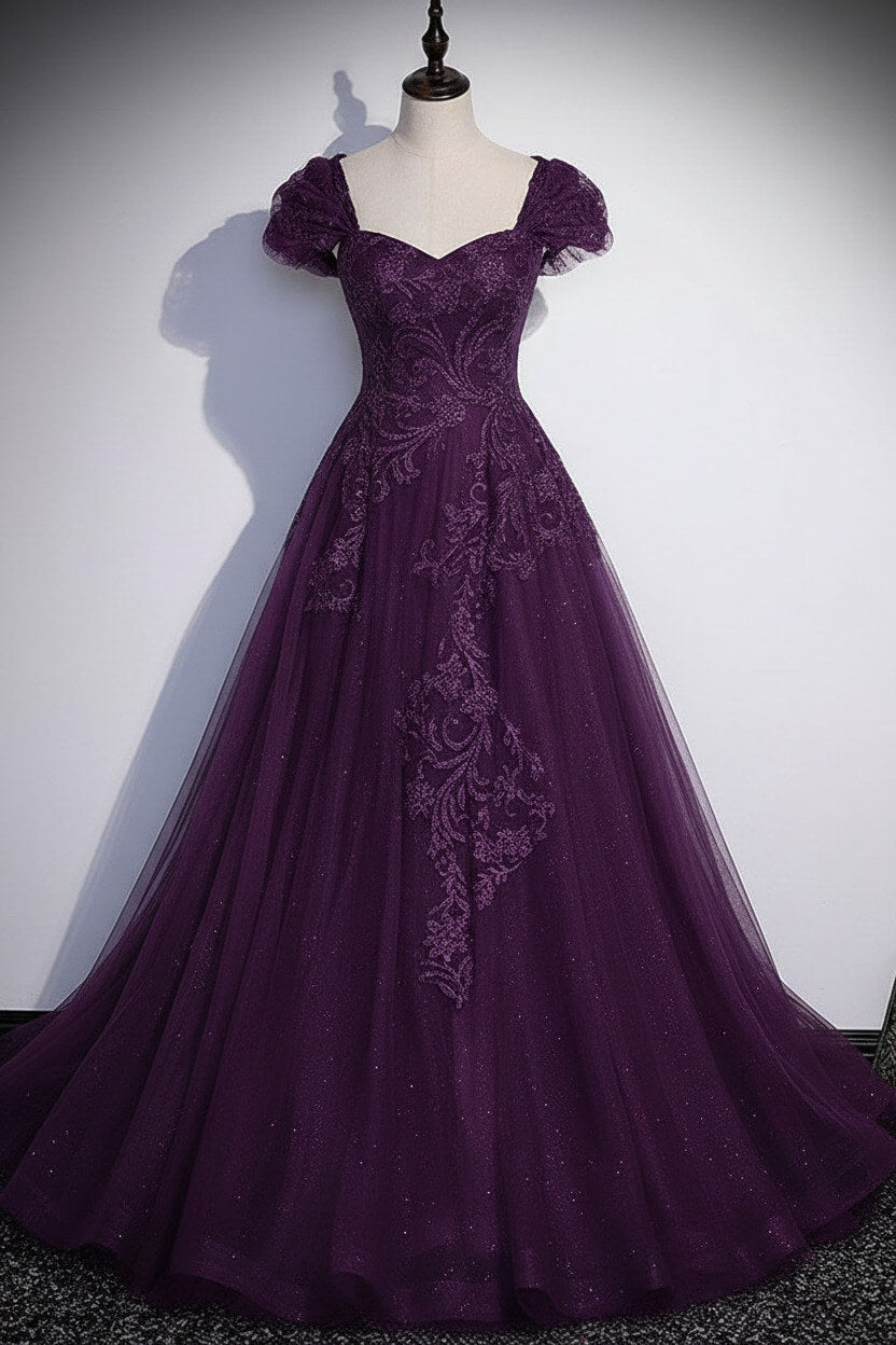 A Line Gray Prom Dress Tulle Sequin Long Formal Evening Dress