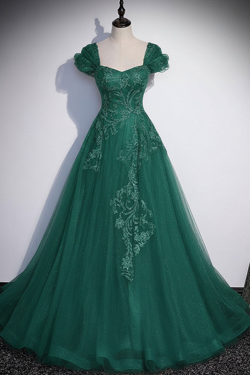 A Line Gray Prom Dress Tulle Sequin Long Formal Evening Dress