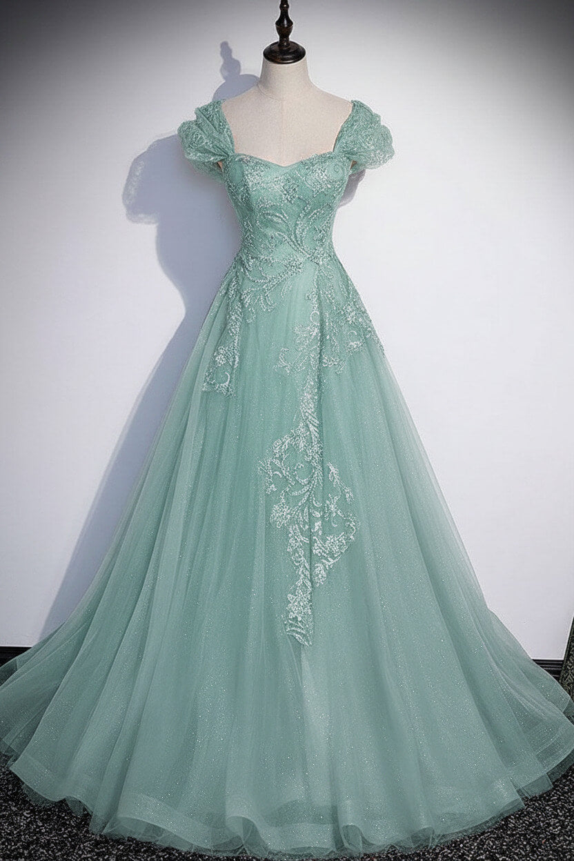 A Line Gray Prom Dress Tulle Sequin Long Formal Evening Dress