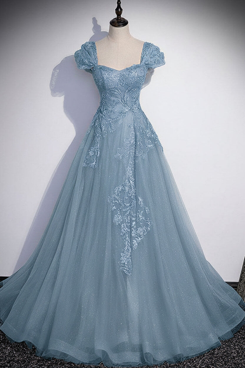 A Line Gray Prom Dress Tulle Sequin Long Formal Evening Dress