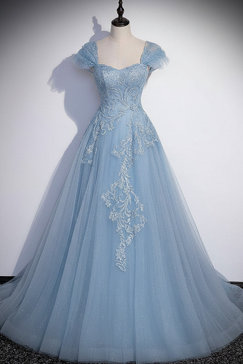 A Line Gray Prom Dress Tulle Sequin Long Formal Evening Dress