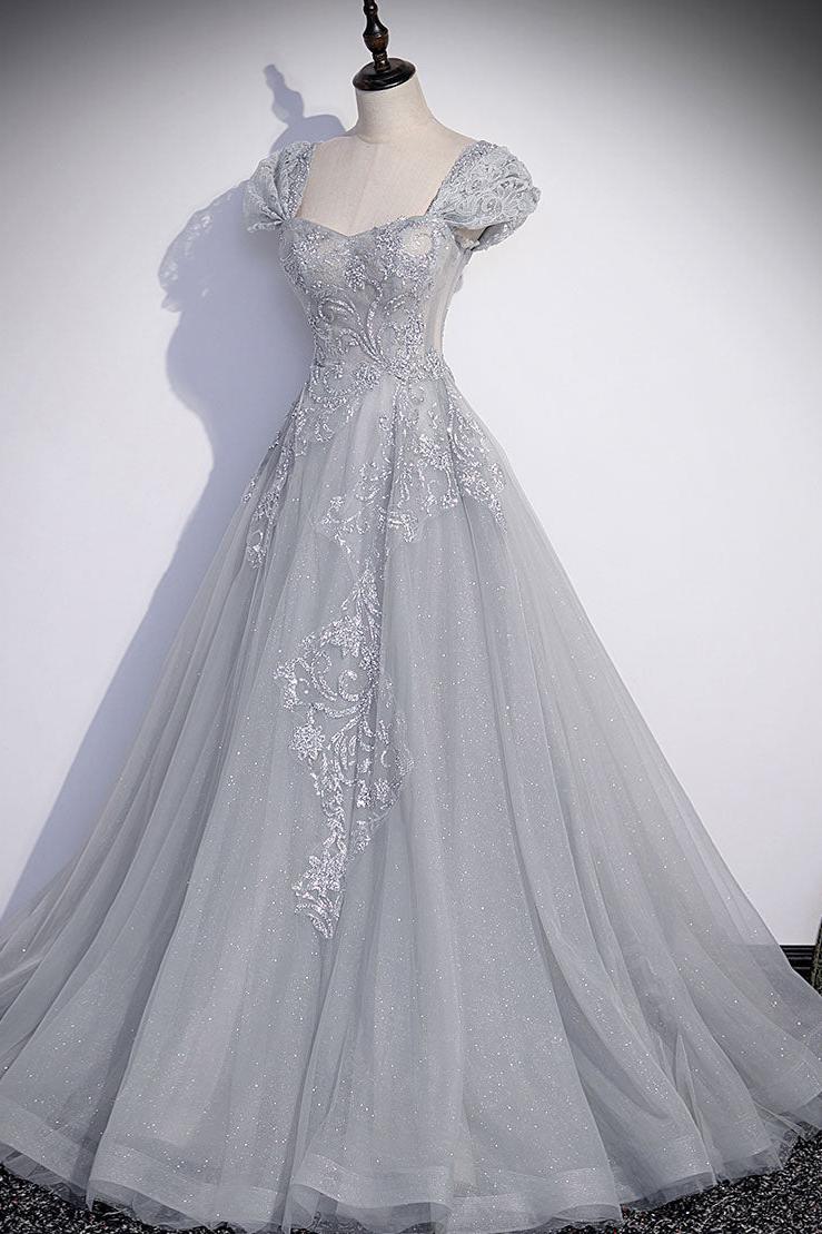 A Line Gray Prom Dress Tulle Sequin Long Formal Evening Dress