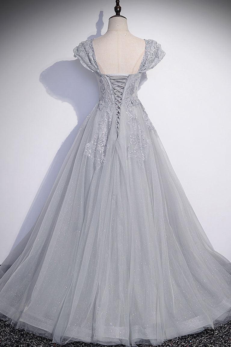 A Line Gray Prom Dress Tulle Sequin Long Formal Evening Dress