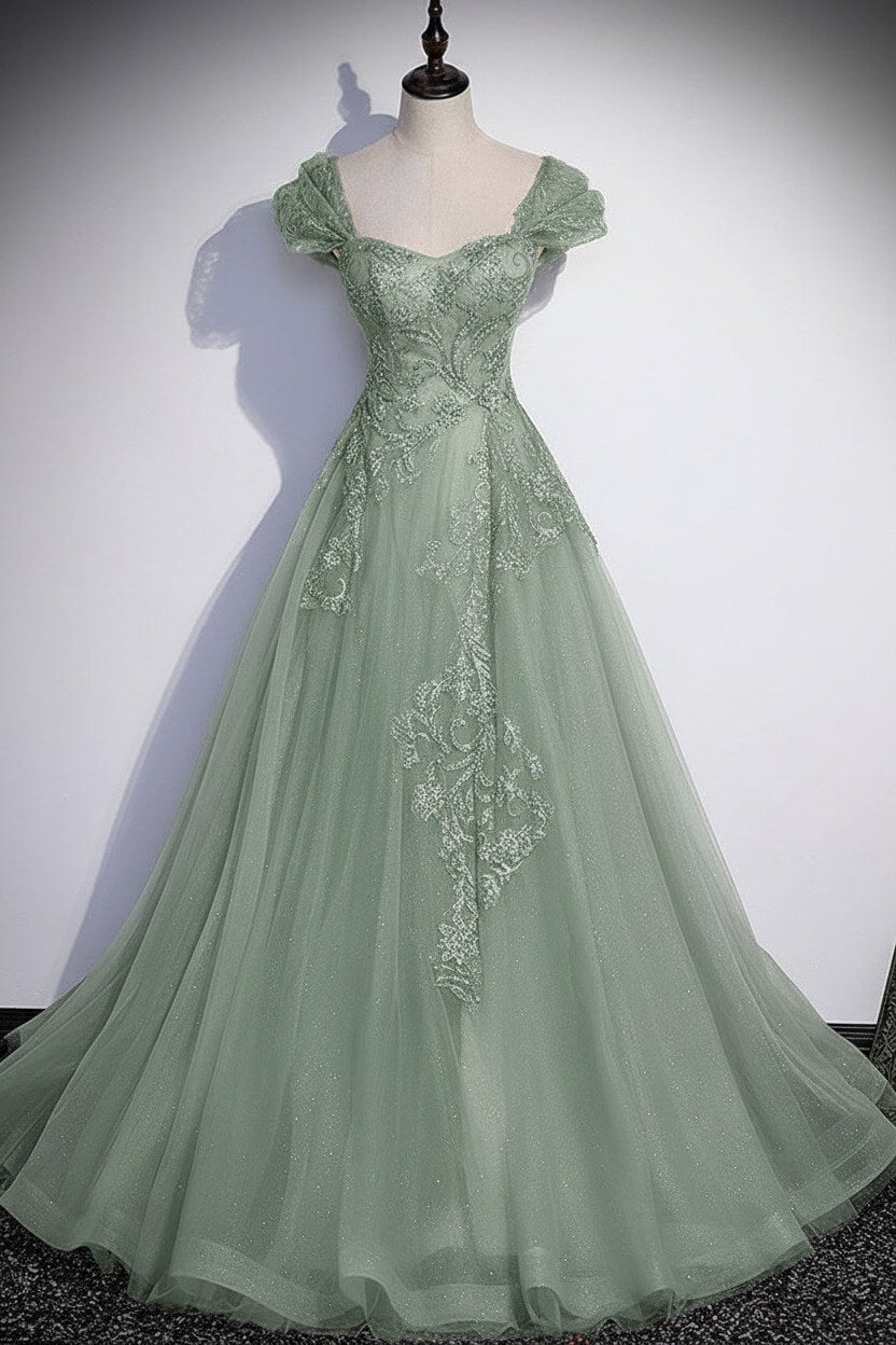 A Line Gray Prom Dress Tulle Sequin Long Formal Evening Dress