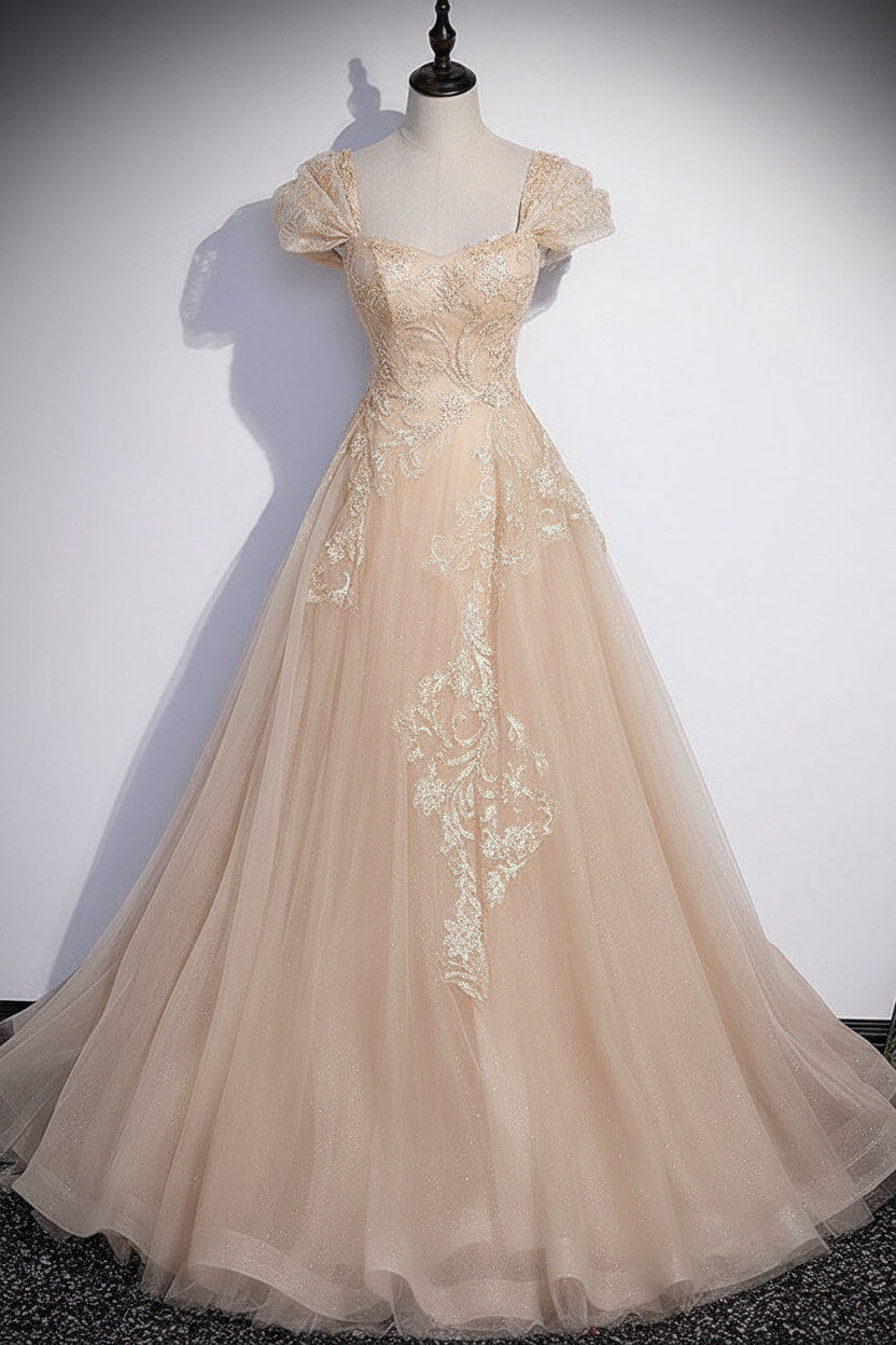 A Line Gray Prom Dress Tulle Sequin Long Formal Evening Dress